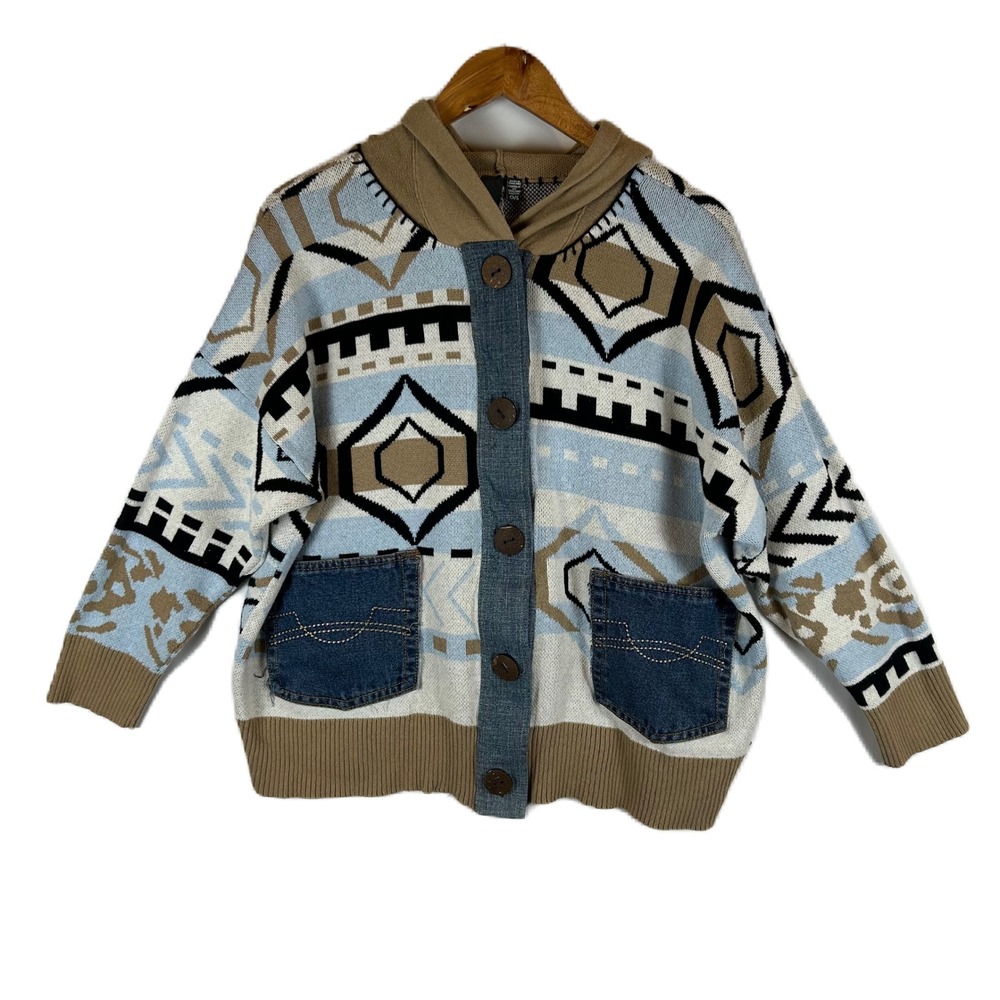 Shannon Passero Hooded Wisdom Cardigan Sweater Knit Denim Pocket Womens‎ OS